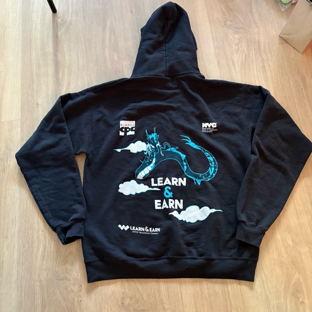 Black Hoodie with Blue Dragon Graphic on back size M